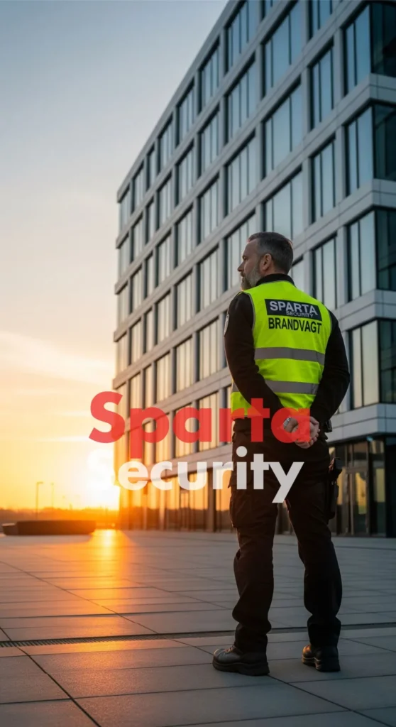 Diskret brandvagt i dansk shoppingcenter fra Sparta Security med synlig sikkerhedsvest. Overvågning og sikkerhed uden for åbningstid København