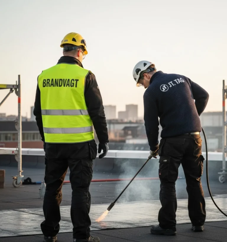 Billede af en brandvagt, der overvåger varmt arbejde på et tag